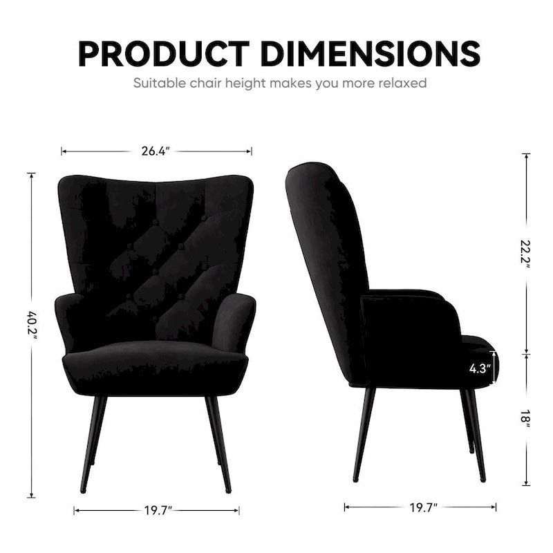 Velvet Upholstered Armchair with Tapered Wood Legs