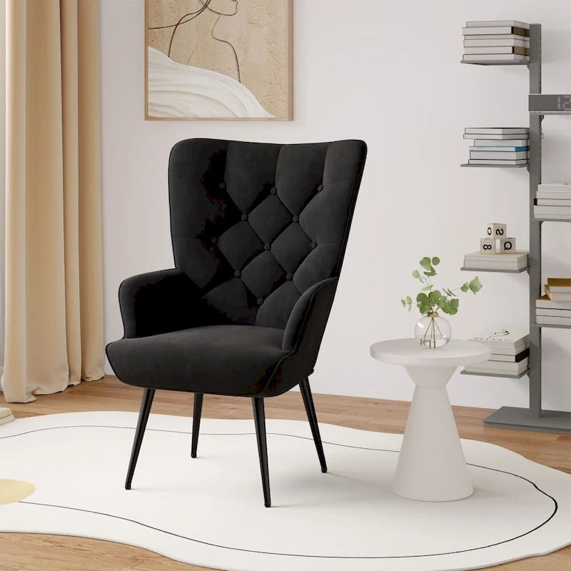 Velvet Upholstered Armchair with Tapered Wood Legs