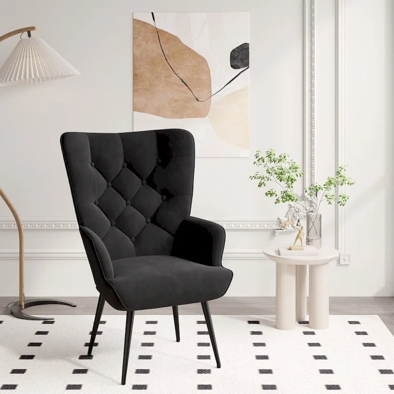 Velvet Upholstered Armchair with Tapered Wood Legs
