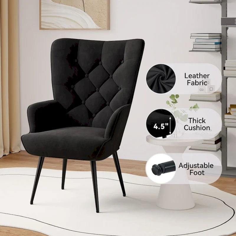 Velvet Upholstered Armchair with Tapered Wood Legs