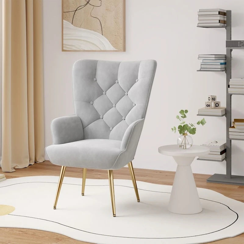 Velvet Upholstered Armchair with Tapered Wood Legs