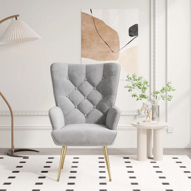 Velvet Upholstered Armchair with Tapered Wood Legs