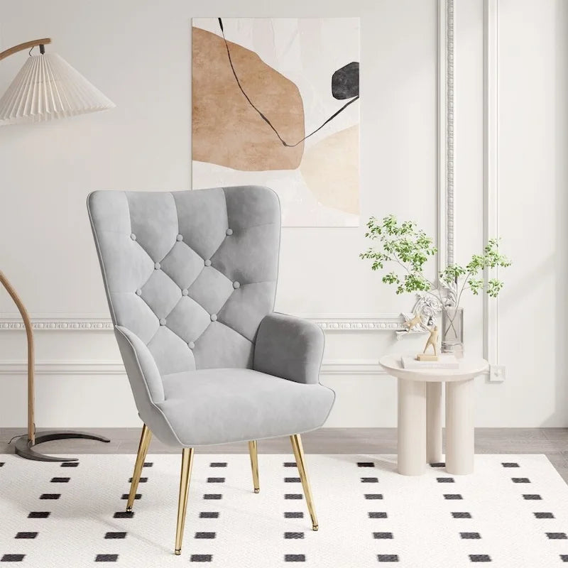 Velvet Upholstered Armchair with Tapered Wood Legs