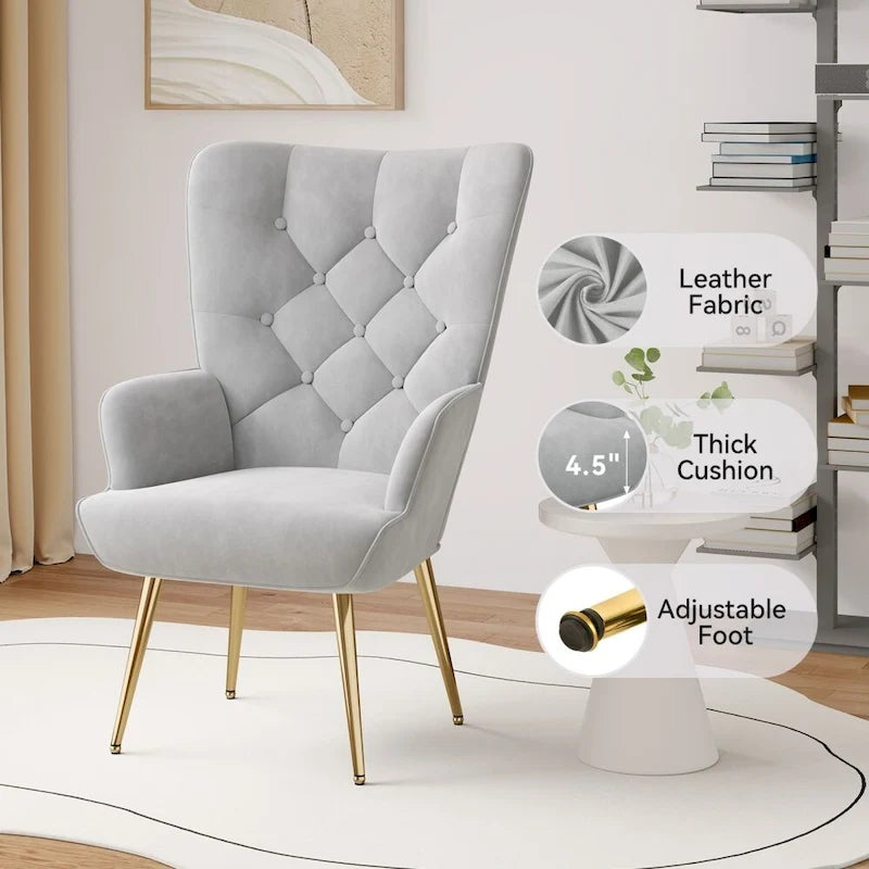 Velvet Upholstered Armchair with Tapered Wood Legs