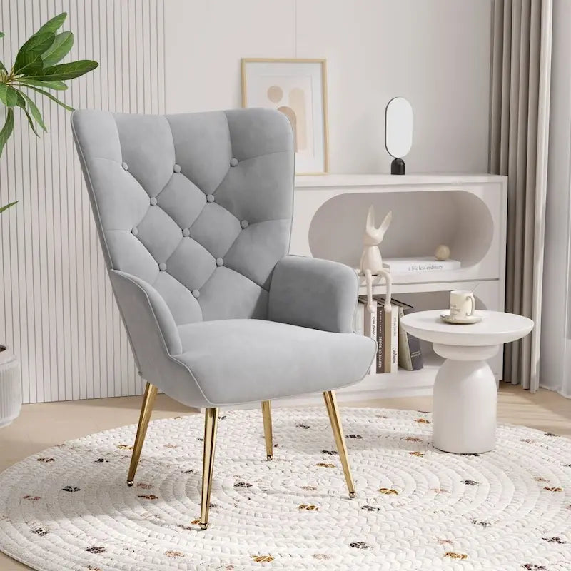 Velvet Upholstered Armchair with Tapered Wood Legs